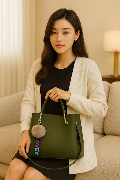 Trendy Olive Green Hobo Handbag with Pom-Pom & LOVELY Keychain – Stylish Office & Casual Shoulder Bag for Women