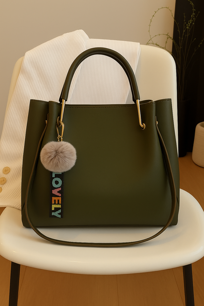 Trendy Olive Green Hobo Handbag with Pom-Pom & LOVELY Keychain – Stylish Office & Casual Shoulder Bag for Women