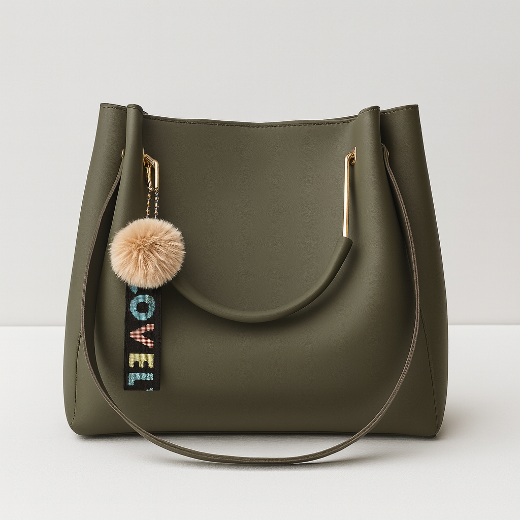Trendy Olive Green Hobo Handbag with Pom-Pom & LOVELY Keychain – Stylish Office & Casual Shoulder Bag for Women