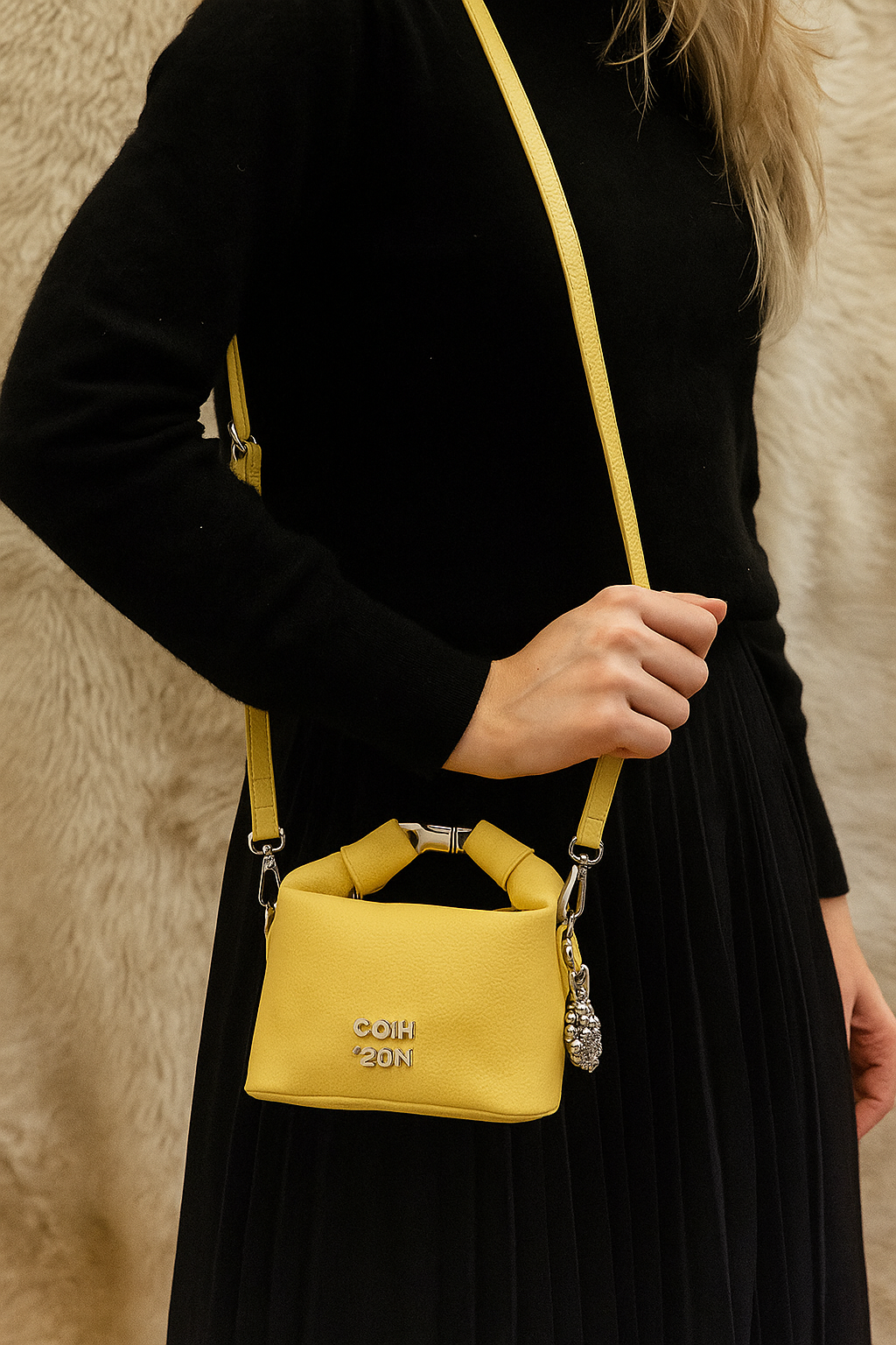 Trendy Yellow Soft-Texture Sling Bag with Metal Logo & Designer Charm Accent