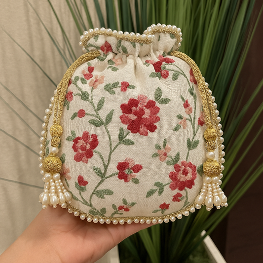 White Floral Embroidered Potli Bag with Pearl Detailing