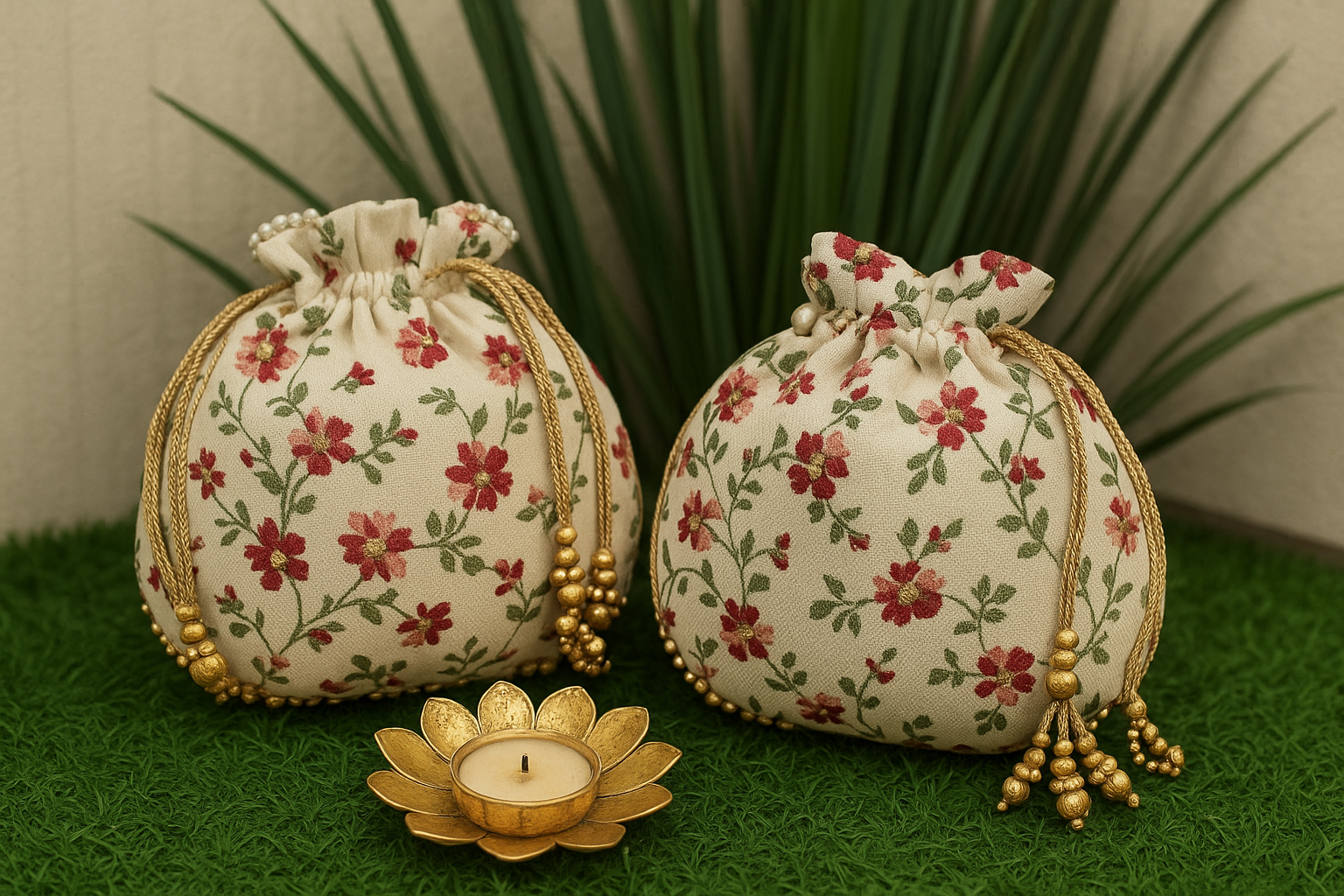 White Floral Embroidered Potli Bag with Pearl Detailing