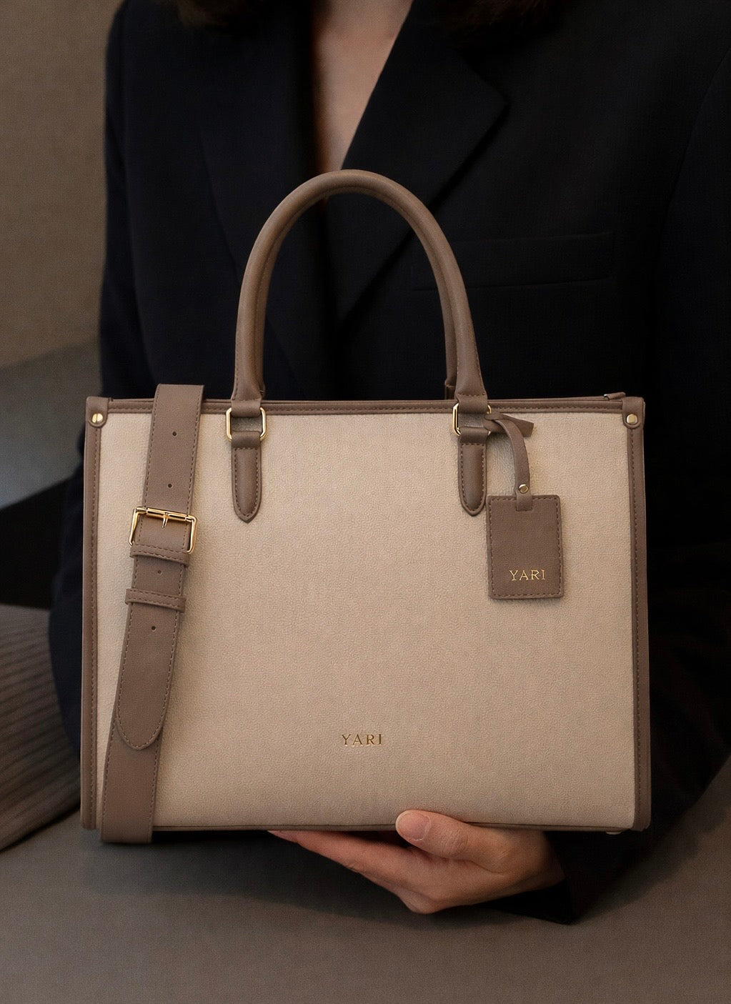 YARI Classic Beige Structured Tote Handbag with Detachable Strap