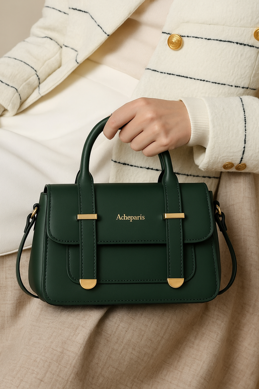 Premium Elegant Green Structured Handbag with Gold Detailing