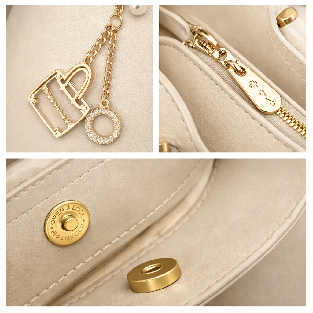 Smooth minimalist front panel enhanced with a structured flap detail and a detachable gold charm chain featuring pearl and mini handbag accents for a refined luxury-inspired finish.