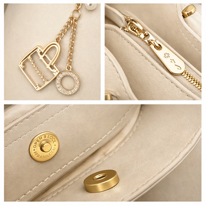 Smooth minimalist front panel enhanced with a structured flap detail and a detachable gold charm chain featuring pearl and mini handbag accents for a refined luxury-inspired finish.