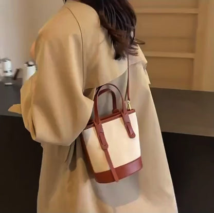 Beige Canvas & Brown Leather Bucket Tote Bag